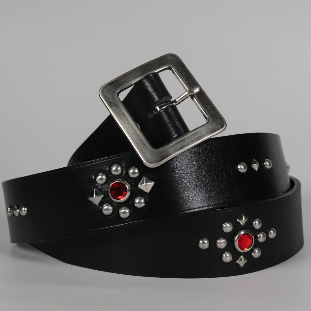 RØ-15-S / Red and Blue Studded Leather Belt (1.5")