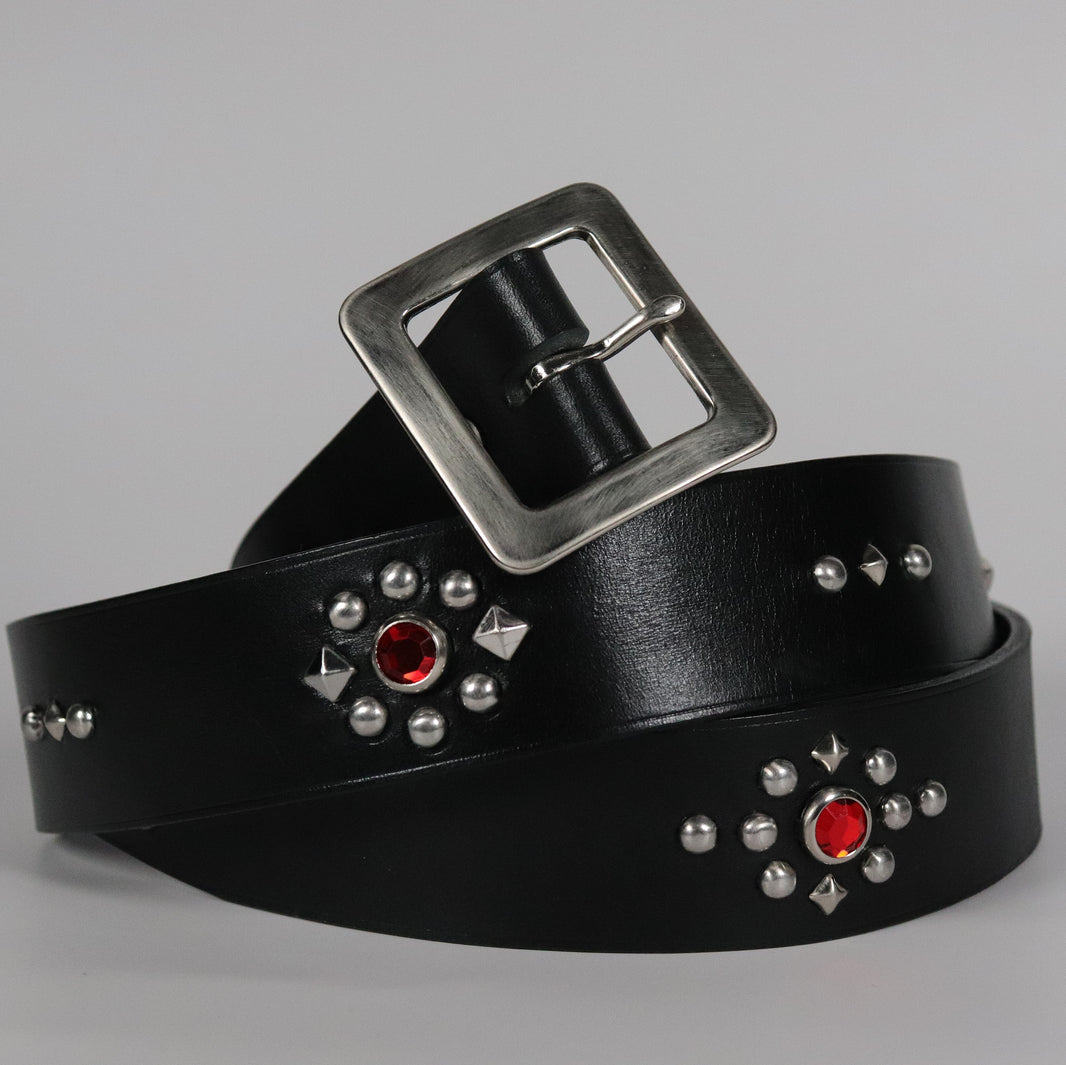 RØ-15-S / Red and Blue Studded Leather Belt (1.5")
